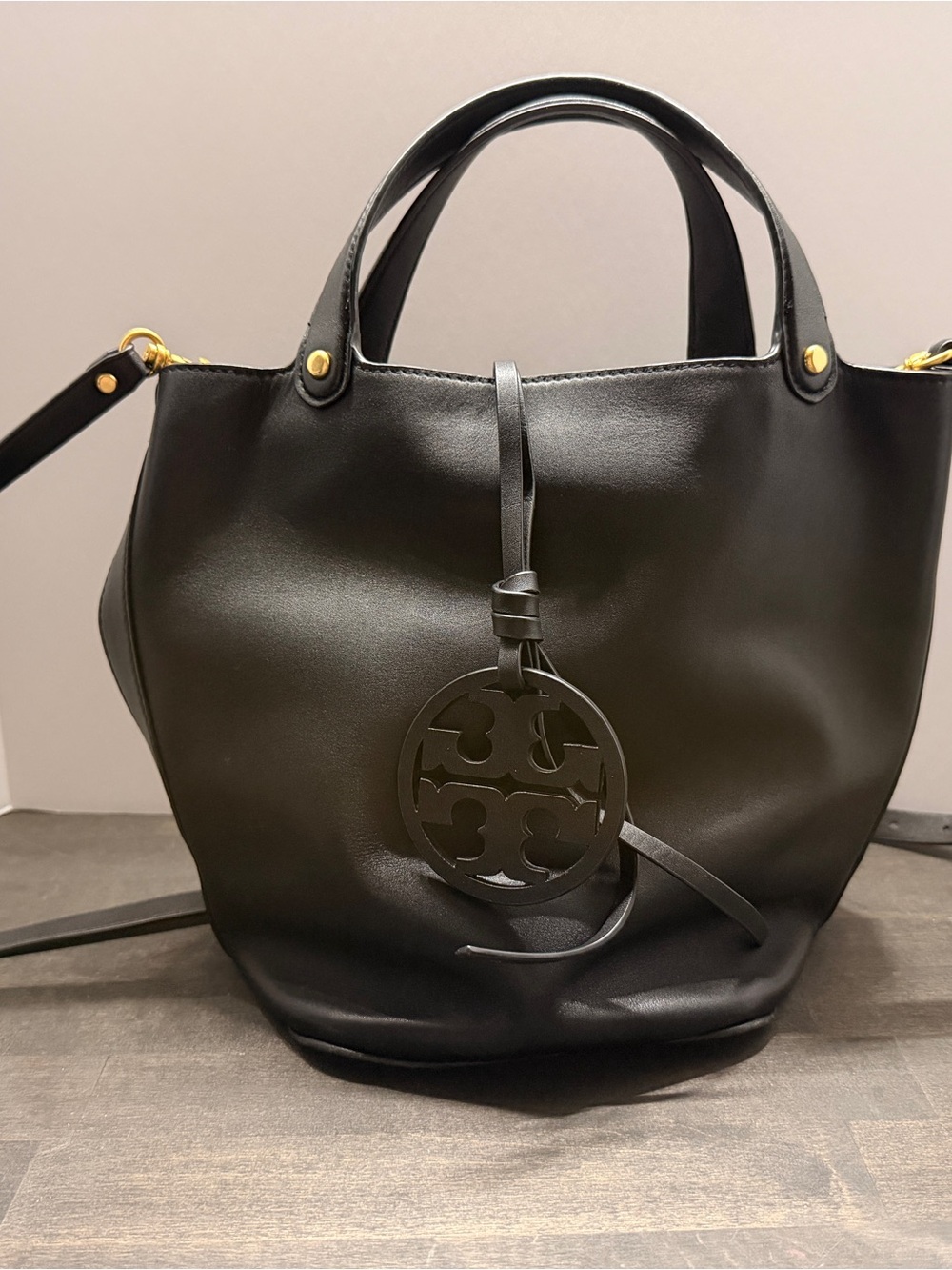 Tory Burch Miller Black Leather Tote with Signature Logo Charm
